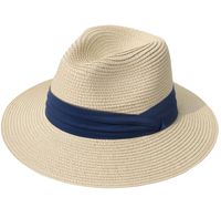 Lanzom Women Wide Brim Straw Panama Roll up Hat Fedora Beach Sun Hat UPF50+ (Z-Navy Ribbon Khaki)