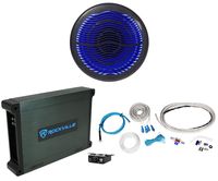 Rockville MS10LB 10" 2400w Black Marine/Boat 10" LED Free Air Subwoofer+Mono Amp+Wire Kit