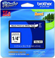 P-Touch TZE-211 Label Tape 1, 1/4" (0.23") Standard Laminated P-Touch Tape, Black on White, Laminated for Indoor or Outdoor Use, Water Resistant, 26.2 Feet (8M), Pack of 6