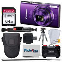 Canon PowerShot ELPH 360 HS Digital Camera (Purple) + Transcend 64GB Memory Card + Point & Shoot Camera Case + Vivitar Memory Card Case (24 Slots) + Flexible Tripod + USB Card Reader + Accessories