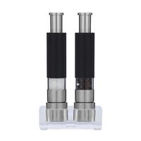 Grind Gourmet Salt and Pepper Grinder Set of 2 with Modern Thumb Push Button Black Grinder, Stainless Steel, for Black Pepper, Sea Salt and Himalayan Salt, With Stand, Peppermill are Refillable