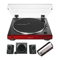 Audio-Technica AT-LP60XBT Bluetooth Fully Automatic Stereo Turntable (Red) Bundle with Logitech Z337 Bold Sound Bluetooth 2.1 Speaker System and Knox Gear Vinyl Brush Cleaner (3 Items)