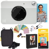 Kodak Printomatic Instant Camera (Grey) Deluxe Bundle + Zink Paper (20 Sheets) + Deluxe Case + Photo Album + Hanging Frames + Comfortable Neck Strap
