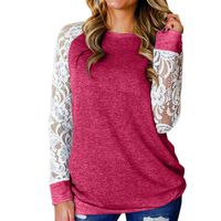 Oliviavan Women Loose T-Shirt Long Sleeve Lace Patchwork Casual Tops (Hot Pink, XL)