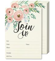 Watercolor Join Us Invitation Cards - 50 Fill-in Floral Classy Invites with Envelopes for Kids Birthday, Bridal Shower, Wedding, 5 x 7 Inches, Postcard Style