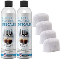 (4+4) 4-Use Coffee Machine Descaling Solution PLUS 4 Filters - Universal Descaler Concentrate for All Keurig 1.0 & 2.0 K-Cup Pod Machines and Espresso Machines