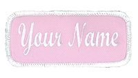 Name Patch Uniform Work Shirt Personalized Embroidered Pink with White Border. Sew on.