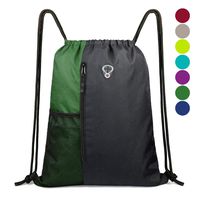 Drawstring Backpack Sports Gym Bag for Women Men Children Large Size with Zipper and Water Bottle Mesh Pockets (Black/Green)