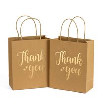 LaRibbons Medium Size Gift Bags - Gold Foil Thank You Brown Paper Bags with Handles for Wedding, Birthday, Baby Shower, Party Favors - 12 Pack - 8" x 4" x 10"