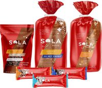 SOLA Double Chocolate Variety Pack, 1 White Wheat Bread, 1 Sweet Oat Bread, 1 White Chocolate Vanilla bar, 1 Chocolate Sea Salt bar, 1 Peanut Butter bar, 1 Double Chocolate Granola, 6 ct