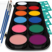 Face and Body Paint Kit for Kids - Set of 12 Classic Colors with Flat and Detail Painting Brushes - Comes w/ 30 Design Stencils - Non Toxic, Water Based and FDA Compliant