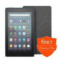 Fire 7 Tablet (7" display, 16 GB) - Blue + Amazon Standing Case (Charcoal Black) + Protection Plan (2-Year)