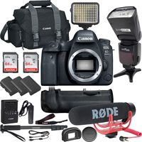 Canon EOS 6D Mark II DSLR Camera (Body Only) with Battery Grip + Rode Microphone + x2 64GB Memory Cards + TTL Flash + x3 Batteries + LED Light + TTL Flash and More