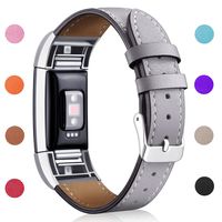 Hotodeal Replacement Leather Band Compatible for Charge 2, Classic Genuine Leather Wristband Metal Connector Watch Bands, Fitness Strap Women Men Small Large (Grey- Silver Buckle)