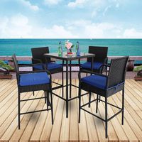 Leaptime Patio Bar Set 5pcs Black Rattan 1 Bar Table with Umbrella Hole 4 Stools Set Party Furniture Outdoor Garden Wicker Bar Set Royal Blue Cushion