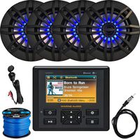Marine Audio AM/FM USB Bluetooth Waterproof Stereo, 4 x 6.5 2-Way 180W Black Weather-Resistant Speakers w/Flashing Blue LED, Radio Antenna, AUX Interface Mount, Speaker Wire