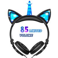 Glowing Unicorn Kids Headphones for Girls Boys Toddler - Cat Ear LED Headphones Light Up Wired Adjustable Foldable 85dB Volume Limited On/Over-Ear Headphones for School Birthday Xmas Holiday - Black