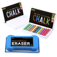 Huntz Non-Toxic White Dustless Chalk (12 ct Box) and Colored Dustless Chalk (12 ct Box) Bundle/Premium Microfibre Eraser