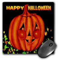 3dRose LLC 8 x 8 x 0.25 Inches Happy Halloween Orange Pumpkin Greeting, Cheeky Jackolatern with Black Background and Fall Leaves Mouse Pad (mp_153692_1)