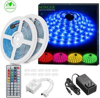 MINGER LED Strip Lights Kit, Waterproof 32.8ft 5050 RGB 300led Strips Lighting Flexible Color Changing Rope Lights with 44 Key IR Remote Ideal for Room, Home, Kitchen, Party, DC 12V/3A UL Listed
