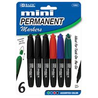 BAZIC 1262-24 Assorted Color Mini Fine Point Permanent Marker w/ Cap Clip, 6 markers per pack, set of 24 Markers