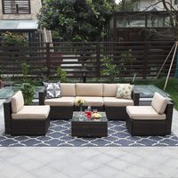 PHI VILLA 6-Piece Outdoor Sectional Sofa Rattan Patio Furniture Set Conversation Set with Tea Table, Beige