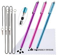 Extra Long - Bundle of 3 Thin-Tip High Precision Universal Capacitive Stylus Pens 7.3'' + Extra 3 Replaceable Tips + 2 x 15'' Elastic Tether Lanyards + Cleaning Cloth (Hot Pink + Purple + Aqua Blue)