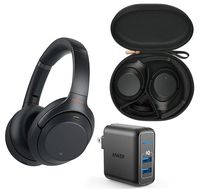 Sony WH1000XM3 Premium Wireless Bluetooth Noise Canceling Over Ear Headphone Bundle with Voice Assistant, Portable Carry Case, Anker 2-Port USB Wall Charger, and in-Flight Adapter - Black