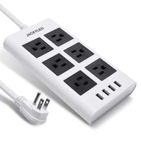 15A Power Strip Surge Protector - JACKYLED Flat Plug 9.8ft Long Extension Cord 3.1A 4 USB Ports 6-Outlet Fast Charge Electric Outlet Fireproof Desktop Charger for Phone Computer Laptop - White