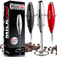 PowerLix Milk Frother Handheld Battery Operated Electric Foam Maker For Coffee, Latte, Cappuccino, Hot Chocolate, Durable Drink Mixer With Stainless Steel Whisk, Stainless Steel Stand Include (Silver)