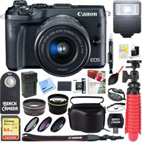 Canon M6 EOS 24.2MP Mirrorless Digital Camera with EF-M 15-45mm IS STM Lens (Black) + 64GB Extreme SDXC Memory UHS-I Card + Accessory Bundle