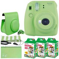 Fujifilm instax Mini 9 Instant Film Camera (Lime Green) + Fujifilm Instax Mini Twin Pack Instant (60 Shots) + Scrapbook Album 60 Pockets + Striped Neck Strap + Case with Button Closure - Full Bundle