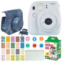 Fujifilm Instax Mini 9 Instant Camera (Smokey White) + Fujifilm Instax Mini Twin Pack Instant Film (20 Exposures) + Denim Camera Case + Colored Filters + Album (White) + Sticker Frames Nature Package