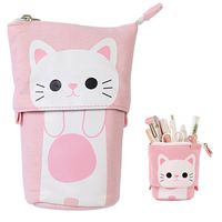 iSuperb Transformer Stand Store Pencil Holder Canvas+PU Cartoon Cute Cat Telescopic Pencil Pouch Bag Stationery Pen Case Box with Zipper Closure 7.5 x 4.9 x 3.0inch/4.1x 3.0inch (Pink)