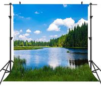 ST 6 X 6 FT Green Natural Fresh Backdrop Blue Lake and Forest Under White Clouds and Blue Sky Photography Backdrop for Summer Party Photo Booth Screen Backdrop or YOUTUBE Background Props ST660282