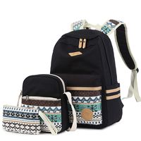 Lmeison Teens Girls School Backpack, Canvas Bookbag with Shoulder Bag and Pencil Case, Black Travel Daypack Laptop Bag for Women