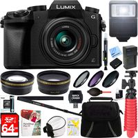 Panasonic LUMIX G7 Interchangeable Lens 4K Black DSLM Camera with 14-42mm Lens + 64GB SDXC Memory Card + Gadget Bag + 52mm Filter Kit + Flash + Microfiber Cloth + Card Reader + Mini Tripod & More
