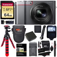 Panasonic DMC-ZS100S LUMIX 4K Digital Camera with 20 Megapixel Sensor, WiFi Silver + 64GB Memory Card + Battery, Charger + Flash + Tripod + Case + Ritz Gear Cleaning Kit + Accessory Bundle
