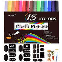 Tebik Liquid Chalk Marker Set, 15 Bright Colors Erasable Chalkboard Paint Pens with 24 Chalkboard Labels, 5 Stickers, 1 Cloth, 1 Tweezer and 2 Tips, Good for Chalkboards, Bistro Boards, Glass