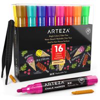 ARTEZA Liquid Chalk Markers Set of 16 (16 Bright Colors, 16 Replaceable Chisel Tips, 1 pc Tweezers, 50 Labels, 2 Sticky Stencils) - Dust-Free - Water Based Chalkboard Markers - Non Toxic - Multi-Use