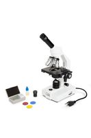 Celestron CM2000CF Compound Microscope w/40x - 2000x power, mechanical stage, Abbe condenser, 4 Fully achromatic objectives, 10x and 20x eyepieces, course and fine focus, 10 prepared slides, 3 color filters, emersion oil