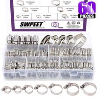 Swpeet 60Pcs Assorted Sizes Hose Clamps Kit, 304 Stainless Steel Adjustable 6-38mm Range Worm Gear Hose Clamp Perfect for Plumbing, Automotive and Mechanical Applications