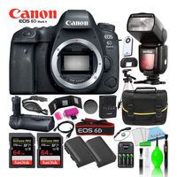 Canon EOS 6D Mark II DSLR Camera (Body Only) Kit + (2) SanDisk 64GB Extreme PRO Cards + Godox TT685C Thinklite + Compatible Battery Grip + (2) LP-E6N Batteries + Large Camera Bag + Cleaning Kit & More