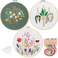 3 Pack Embroidery Starter Kit with Pattern, Kissbuty Full Range of Stamped Embroidery Kit Including Embroidery Cloth with Pattern, Bamboo Embroidery Hoops, Color Threads and Tools Kit (Floral Plants)