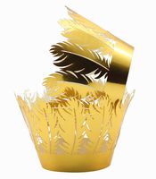 YOZATIA 60PCS Gold Cupcake Wrappers,Laser Cut Feather Cupcake Liner, Boho Party Decoration for Indian Wedding Favor Tribal Party Wild One Decoration(Gold)