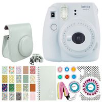 Fujifilm instax Mini 9 Instant Film Camera (Smokey White) + 20 Sticker Frames for Fuji Instax Prints Animal Package + Scrapbook Album + Case with Closure + Striped Neck Strap + Colored Filters + More