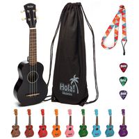 Hola! Music HM-21BK Soprano Ukulele Bundle with Canvas Tote Bag, Strap and Picks, Black
