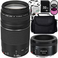 Canon EF 75-300mm f/4-5.6 III + EF 50mm f/1.8 STM 11PC Dual Lens Kit - Includes 3PC Filter Kit (UV + CPL + FLD) + More- International Version (No Warranty)