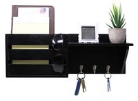 Black Wood Rustic Wall Mounted Key & Mail Holder/Organizer with 3 Key Hooks, 1 Compartment, and Shelf - for Entryway or Mud Room - Holds Documents, Bills, Letters, Keys and More