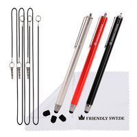 The Friendly Swede 3-Pack, Premium 5.5" Thin-Tip High Precision Universal Capacitive Stylus Pens + Extra 3 Replaceable Tips and 2 X 15 Detachable Elastic Lanyards (Red/Black/Silver)